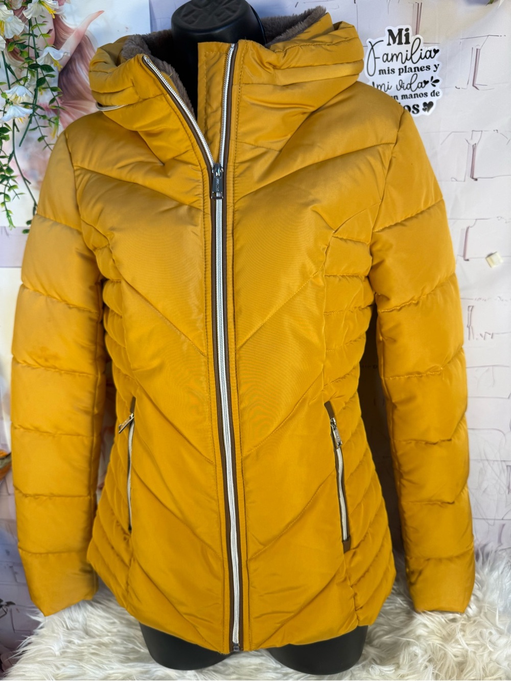 Guess Women's Mustard Yellow Puffer Jacket with Hood
